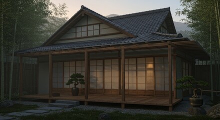 Traditional Japanese House with Wooden Structure and Tranquil Bonsai Garden