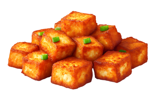 Golden Fried Tofu Cubes Dish with Green Garnish on a Transparent Background - Powered by Adobe
