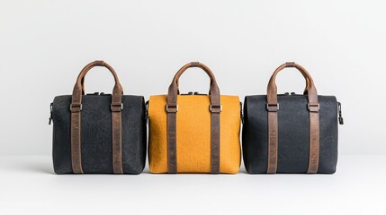Three Textured Handbags in Black, Mustard, and Gray on White Background