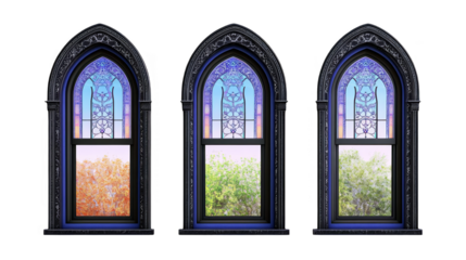 Gothic Windows Illustration With Seasonal Views And Transparent Background