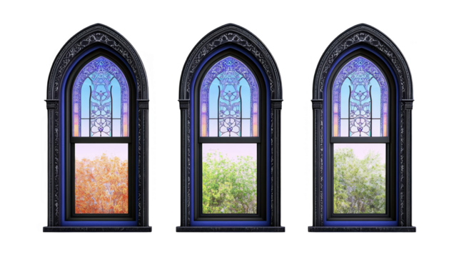 Gothic Windows Illustration With Seasonal Views And Transparent Background