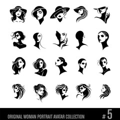 Original woman portraits, avatars, black and white vector collection No 5