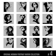Original woman portraits, avatars, black and white vector collection No 4