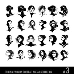 Original woman portraits, avatars, black and white vector collection No 3