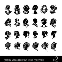 Original woman portraits, avatars, black and white vector collection No 2