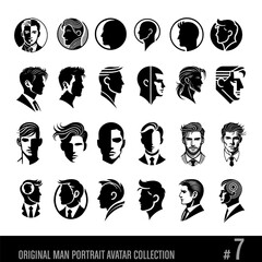 Original man portraits, avatars, black and white vector collection No 7