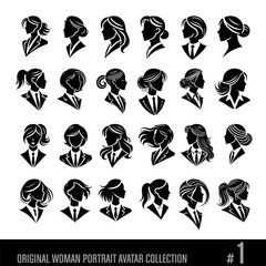 Original woman portraits, avatars, black and white vector collection No 1