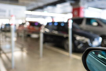 Abstract blurred empty parking lot interior supermarket store
