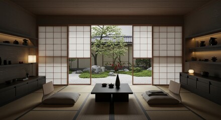 Tranquil Japanese Interior With Sliding Doors And Garden View In Neutral Tones