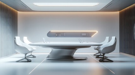 Futuristic Conference Room Interior Design: Sleek White Chairs, Modern Table