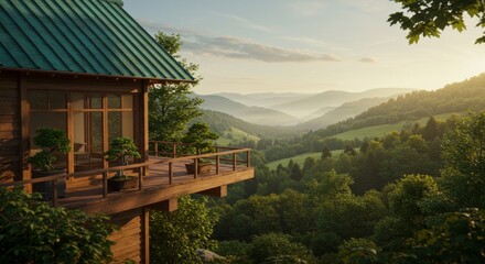 Wooden Cabin Balcony With Bonsai Plants Overlooking Valley and Forest During Sunrise