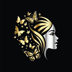 Beauty woman face with butterflies. Vector illustration for beauty salon, spa, cosmetics, fashion, beauty boutique. Beautiful girl face with butterfly. Luxury beauty salon logo.