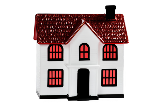Illustration of a White House with Red Roof and Windows on Transparent Background