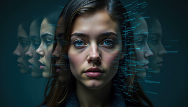 Central face surrounded by others to illustrate deepfakes and digital identity theft. Symbolic of AI deception, impersonation, and online privacy concerns.