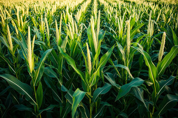Obraz premium Corn field from drone perspective, aerial, birds eye view.