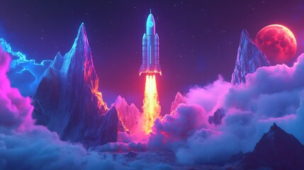 Digital illustration of a rocket lift-off with neon lights symbolizing a startup