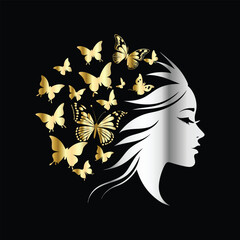 Beauty woman face with butterflies. Vector illustration for beauty salon, spa, cosmetics, fashion, beauty boutique. Beautiful girl face with butterfly. Luxury beauty salon logo.