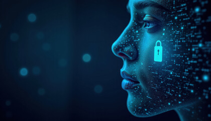 A padlock glows on a woman’s cheek as she faces digital light, symbolizing online privacy and protection.
