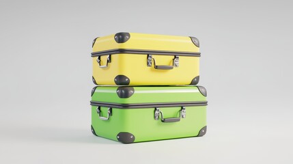 Two Stacked Vintage Suitcases Yellow and Light Green on White Background