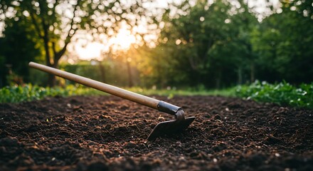 Hoe Resting on Rich Soil, Sunlight Through Trees, Preparation for Planting.