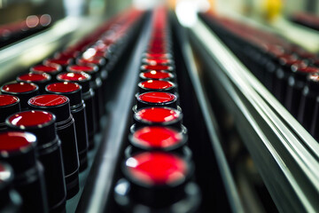 Obraz premium Crimson lipsticks with sleek black casings are neatly aligned on a production conveyor, beauty industry's precision. perfect for use in fashion and manufacturing content