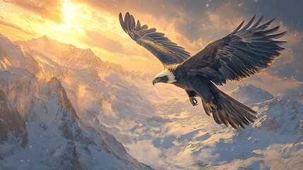 Majestic golden eagle soars above snow-capped peaks at the golden hour, wings fully extended in flight against a dramatic sunset sky.