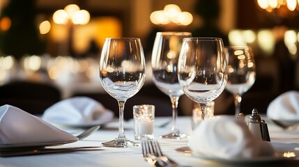Fototapeta premium Elegant dining table setting with crystal wine glasses and soft lighting