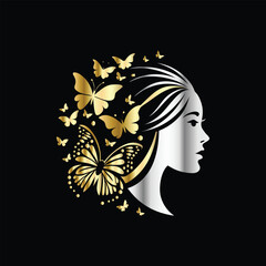 Beauty woman face with butterflies. Vector illustration for beauty salon, spa, cosmetics, fashion, beauty boutique. Beautiful girl face with butterfly. Luxury beauty salon logo.