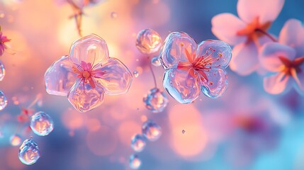 Glass Cherry Blossoms, Dewdrops, Sunset, Spring, Background Blur, Advertisement