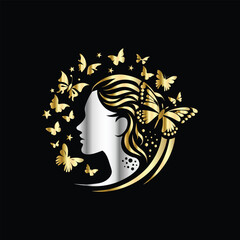 Beauty woman face with butterflies. Vector illustration for beauty salon, spa, cosmetics, fashion, beauty boutique. Beautiful girl face with butterfly. Luxury beauty salon logo.