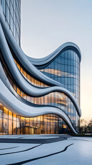 Futuristic Curved Glass Facade Building Blending Modern Urban Elegance