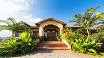 Fototapeta premium Grand entrance of an elegant residence with lush surroundings, conveying timeless luxury and serene beauty. 