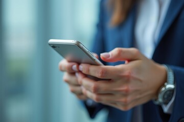 A Person Is Holding A Smartphone And Wearing A Watch And A Business Outfit, Mobile Technology, Modern Communication, Professional Business, And Internet Usage