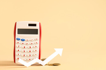 Calculator with coins and arrow on beige background. Concept of rising price