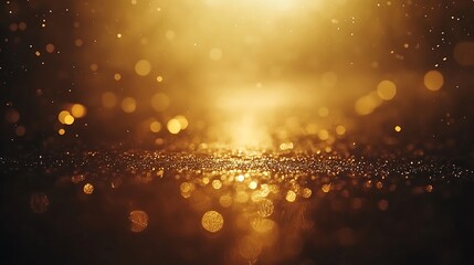 Fototapeta premium Golden glitter bokeh background, dark studio