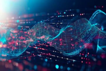 Cyber big data flow. Blockchain data fields. Network line connect stream. Concept of AI technology, digital communication, science research, 3D illustration music waves