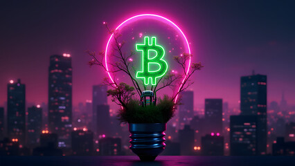 Neon atomic lightbulb with eco-tech symbols over cyberpunk city. Bitcoin nucleus merges digital finance with environmental responsibility.