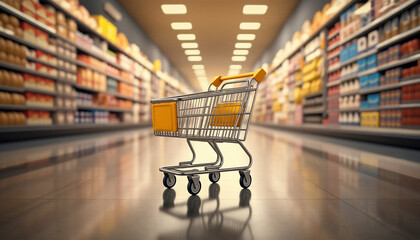 Shopping cart in grocery aisle. Visual metaphor for inflation, consumerism, and economic stress. Great for editorial, financial, and social commentary.