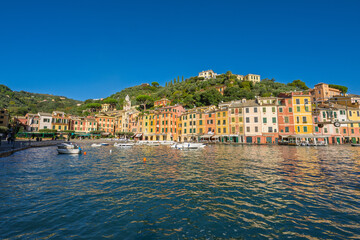 The village of Portofino is located in the Metropolitan City of Genoa on the Italian Riviera, Italy