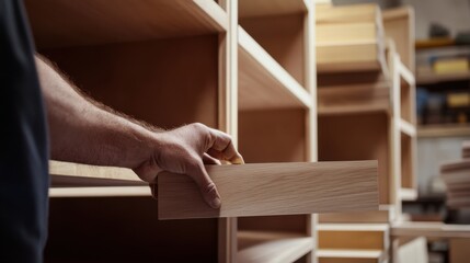 Carpenter assembling a custom bookshelf in a workshop. Featuring craftsmanship and design