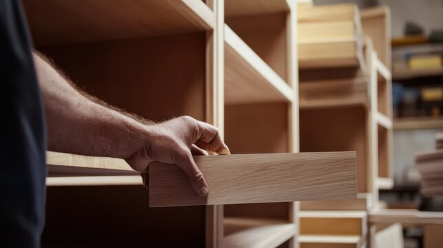 Carpenter assembling a custom bookshelf in a workshop. Featuring craftsmanship and design