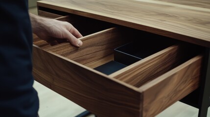 Carpenter assembling a wooden desk in a workshop. Featuring craftsmanship and organization