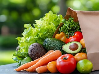 Assortment of fresh vegetables and fruits in a paper bag