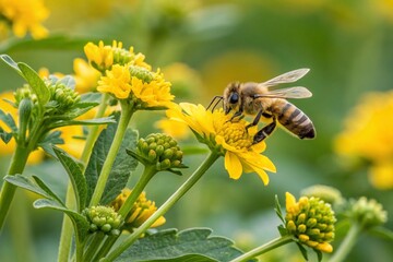 close-up honey bee on yellow flower gathering pollen in the garden-generated by ai