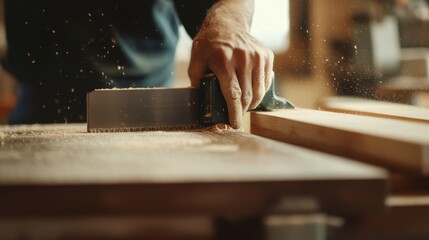 Carpenter cutting wood for custom furniture. Featuring craftsmanship and attention to detail