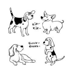 Set of cartoon dog sketch drawing hand drawn vector illustration. Cute pet animals collection isolated on white background.