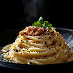 spaghetti carbonara with parmesan and herbs