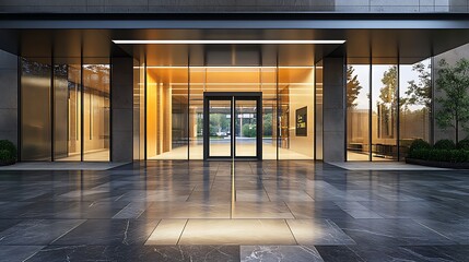 Modern building entrance, glass doors, city view, evening
