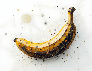 Golden Banana Art Installation Connected by Elegant Network of Lines and Spheres