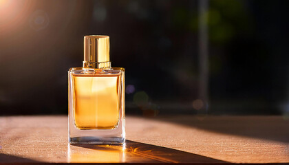 Elegant Blank Perfume Bottle Mockup with Gold Liquid in a Warm Temperature. Perfume with Dark Background Background and Natural Daylight.